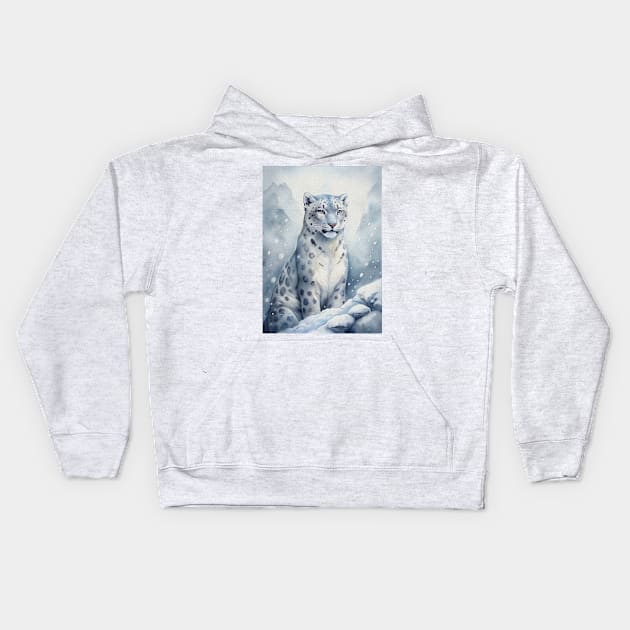 A Proud Snow Leopard Went Hunting, in the Snowy forest, Hight Mountains, Snow Falling, Winter Landscape, Wildlife White Panthera, Watercolor Realistic Illustration, Art, Portrait, Poster, Shirt, Christmas Holiday, Birthday gifts, Hunting lover Kids Hoodie by sofiartmedia